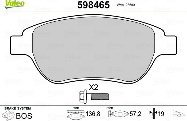 Valeo 598465 - Тормозные колодки, дисковые, комплект autospares.lv