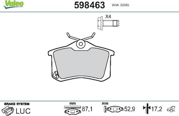 Valeo 598463 - Тормозные колодки, дисковые, комплект autospares.lv