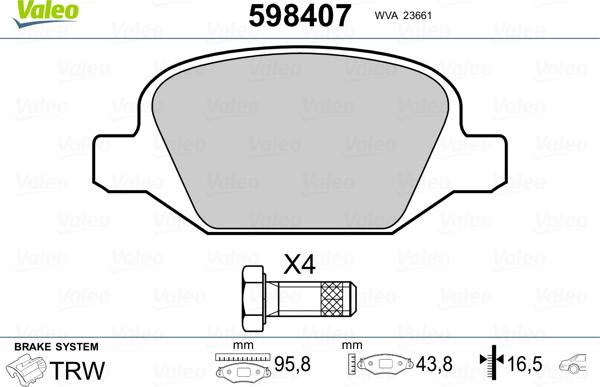 Valeo 598407 - Тормозные колодки, дисковые, комплект autospares.lv