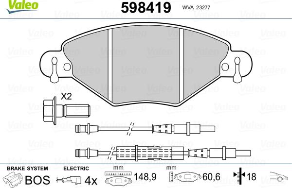 Valeo 598419 - Тормозные колодки, дисковые, комплект autospares.lv