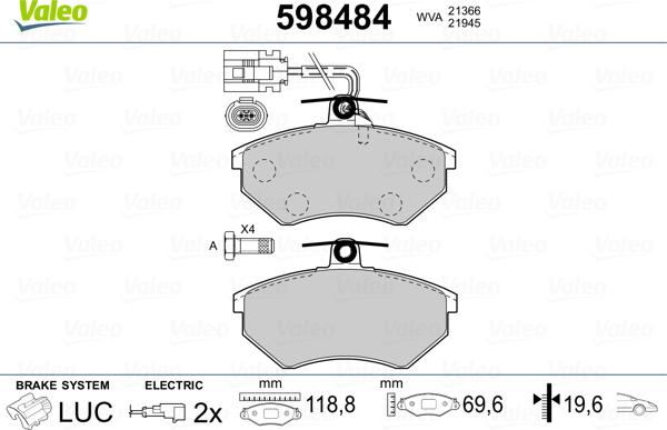 Valeo 598484 - Тормозные колодки, дисковые, комплект autospares.lv