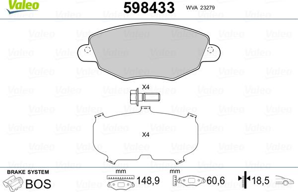 Valeo 598433 - Тормозные колодки, дисковые, комплект autospares.lv