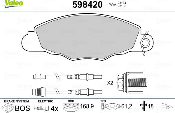 Valeo 598420 - Тормозные колодки, дисковые, комплект autospares.lv