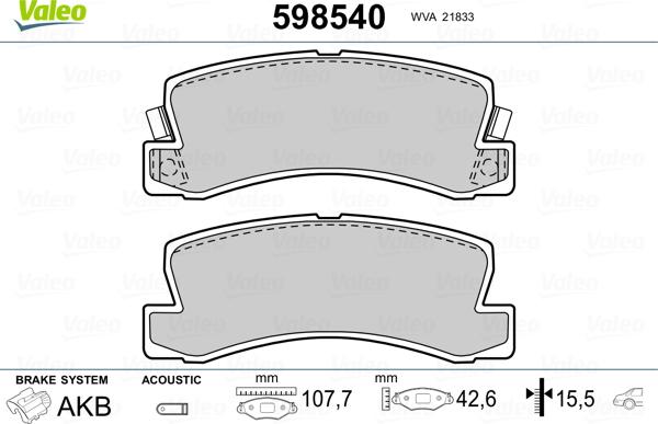 Valeo 598540 - Тормозные колодки, дисковые, комплект autospares.lv