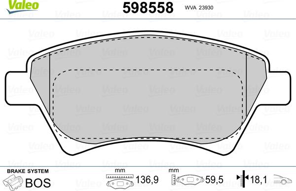 Valeo 598558 - Тормозные колодки, дисковые, комплект autospares.lv