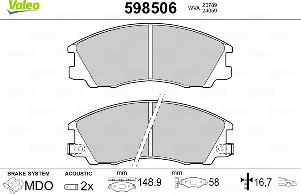 Valeo 598506 - Тормозные колодки, дисковые, комплект autospares.lv