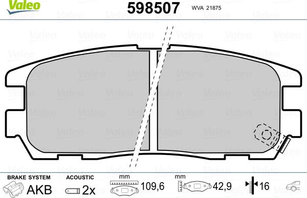 Valeo 598507 - Тормозные колодки, дисковые, комплект autospares.lv