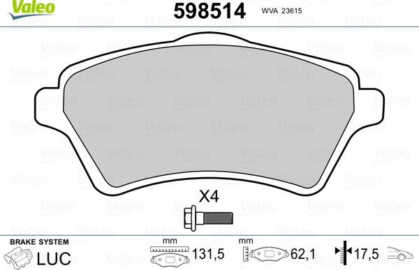 Valeo 598514 - Тормозные колодки, дисковые, комплект autospares.lv