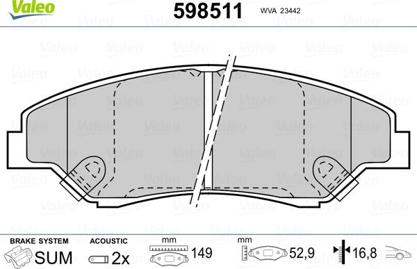 Valeo 598511 - Тормозные колодки, дисковые, комплект autospares.lv