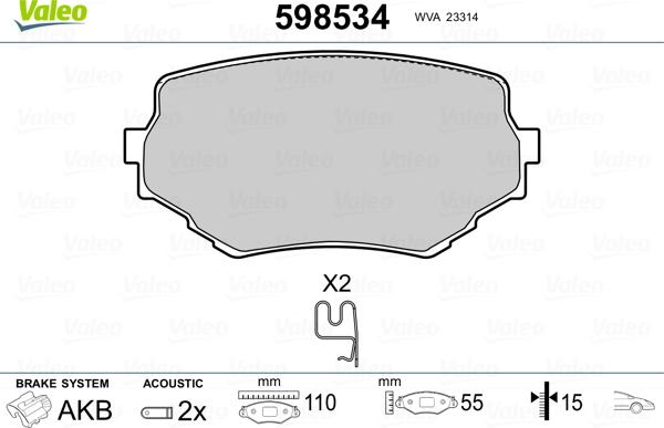 Valeo 598534 - Тормозные колодки, дисковые, комплект autospares.lv