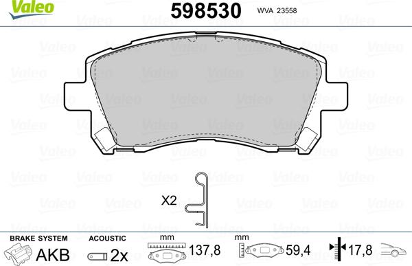 Valeo 598530 - Тормозные колодки, дисковые, комплект autospares.lv