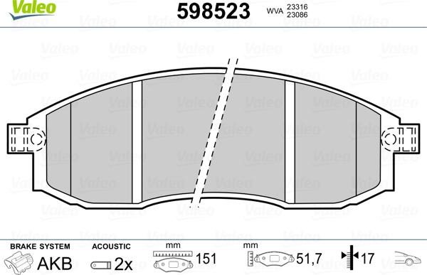 Valeo 598523 - Тормозные колодки, дисковые, комплект autospares.lv