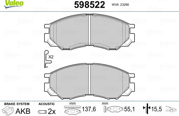 Valeo 598522 - Тормозные колодки, дисковые, комплект autospares.lv