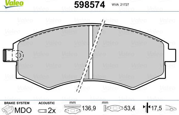 Valeo 598574 - Тормозные колодки, дисковые, комплект autospares.lv