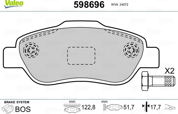 Valeo 598696 - Тормозные колодки, дисковые, комплект autospares.lv