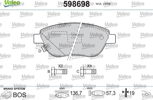Valeo 598698 - Тормозные колодки, дисковые, комплект autospares.lv
