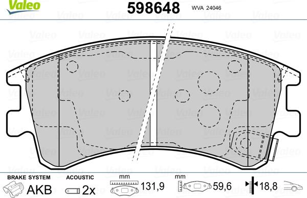 Valeo 598648 - Тормозные колодки, дисковые, комплект autospares.lv