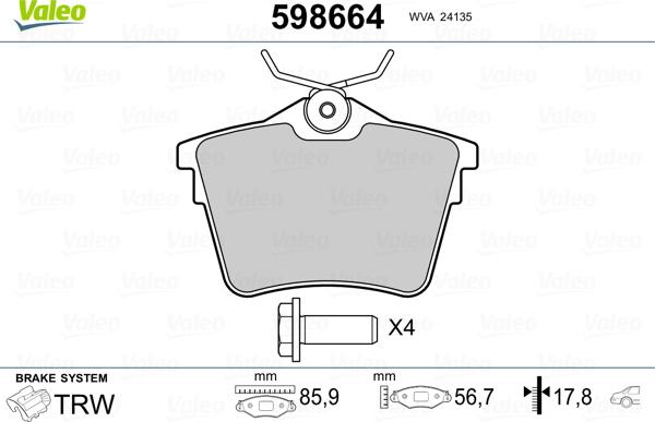 Valeo 598664 - Тормозные колодки, дисковые, комплект autospares.lv