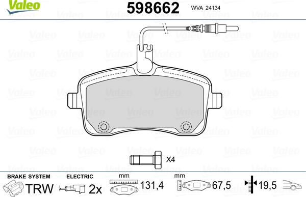 Valeo 598662 - Тормозные колодки, дисковые, комплект autospares.lv