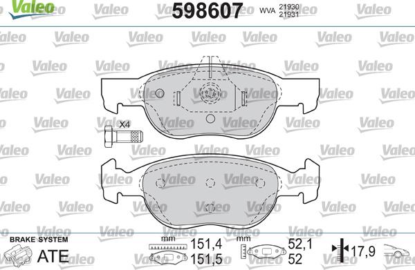 Valeo 598607 - Тормозные колодки, дисковые, комплект autospares.lv