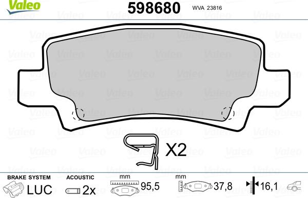 Valeo 598680 - Тормозные колодки, дисковые, комплект autospares.lv