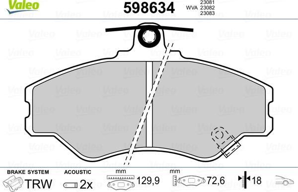 Valeo 598634 - Тормозные колодки, дисковые, комплект autospares.lv