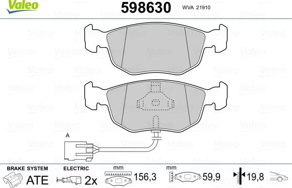 Valeo 598630 - Тормозные колодки, дисковые, комплект autospares.lv