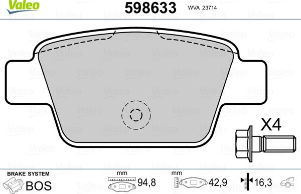 Valeo 598633 - Тормозные колодки, дисковые, комплект autospares.lv