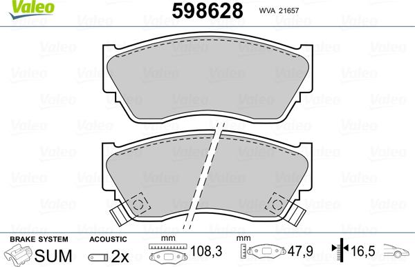 Valeo 598628 - Тормозные колодки, дисковые, комплект autospares.lv