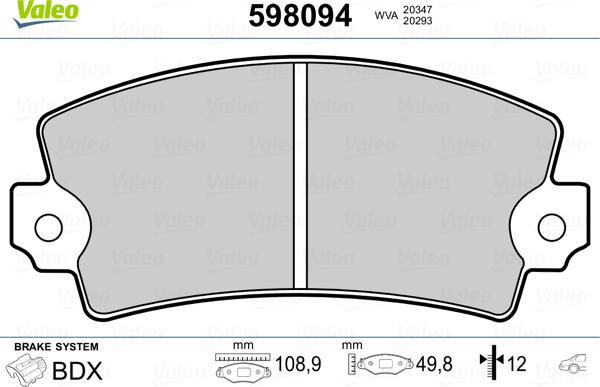 Valeo 598094 - Тормозные колодки, дисковые, комплект autospares.lv