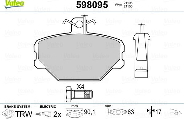 Valeo 598095 - Тормозные колодки, дисковые, комплект autospares.lv