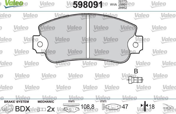Valeo 598091 - Тормозные колодки, дисковые, комплект autospares.lv