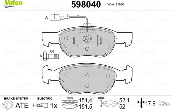 Valeo 598040 - Тормозные колодки, дисковые, комплект autospares.lv