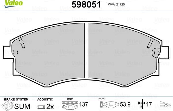 Valeo 598051 - Тормозные колодки, дисковые, комплект autospares.lv