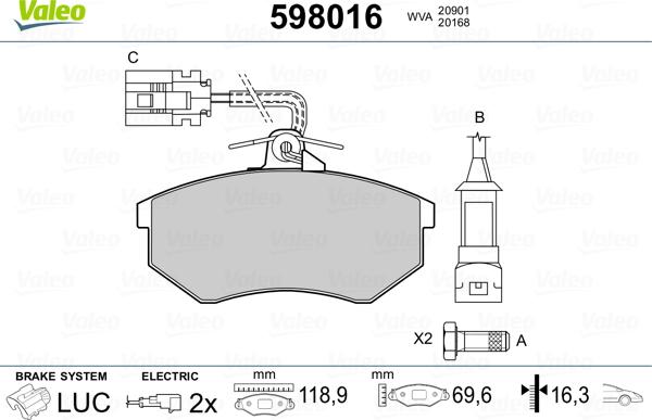 Valeo 598016 - Тормозные колодки, дисковые, комплект autospares.lv