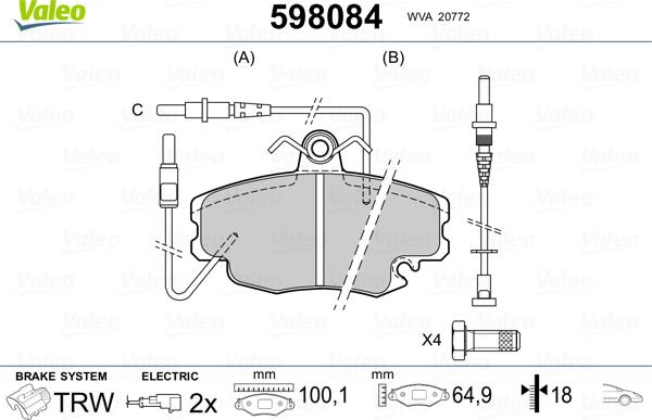 Valeo 598084 - Тормозные колодки, дисковые, комплект autospares.lv