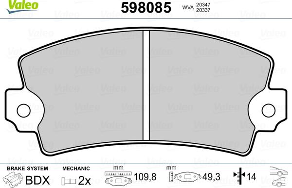 Valeo 598085 - Тормозные колодки, дисковые, комплект autospares.lv