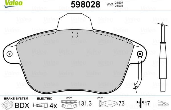 Valeo 598028 - Тормозные колодки, дисковые, комплект autospares.lv