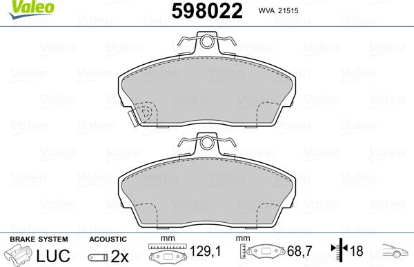 Valeo 598022 - Тормозные колодки, дисковые, комплект autospares.lv