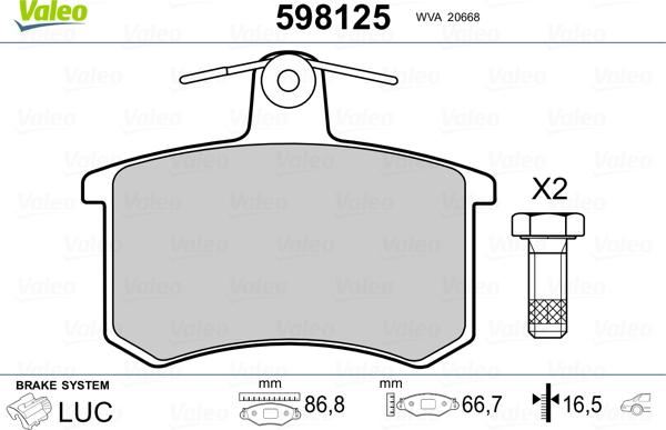 Valeo 598125 - Тормозные колодки, дисковые, комплект autospares.lv