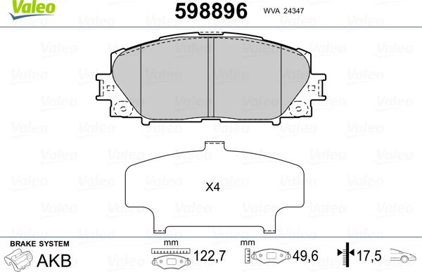 Valeo 598896 - Тормозные колодки, дисковые, комплект autospares.lv