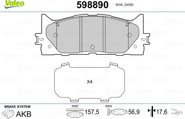 Valeo 598890 - Тормозные колодки, дисковые, комплект autospares.lv