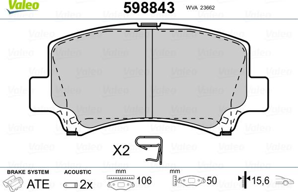 Valeo 598843 - Тормозные колодки, дисковые, комплект autospares.lv