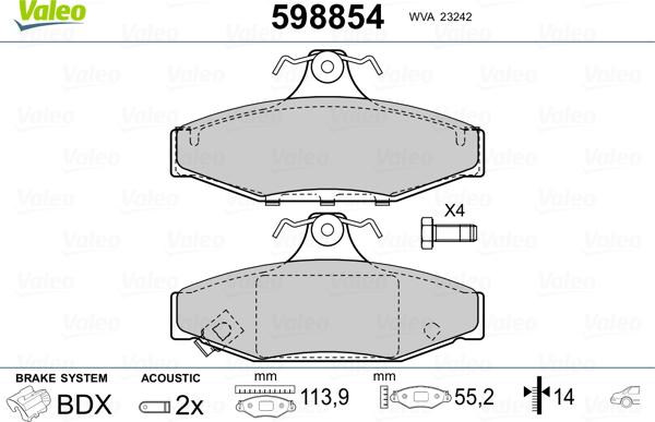 Valeo 598854 - Тормозные колодки, дисковые, комплект autospares.lv