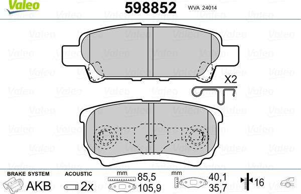 Valeo 598852 - Тормозные колодки, дисковые, комплект autospares.lv