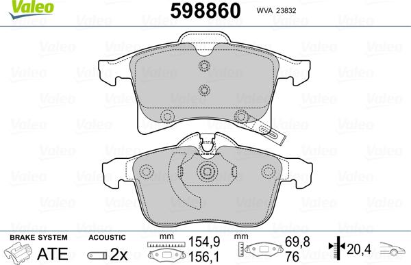 Valeo 598860 - Тормозные колодки, дисковые, комплект autospares.lv