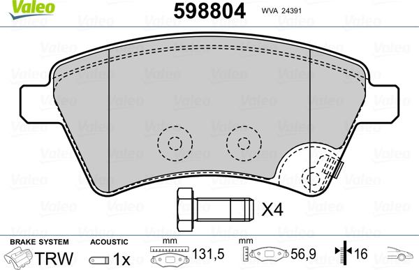 Valeo 598804 - Тормозные колодки, дисковые, комплект autospares.lv