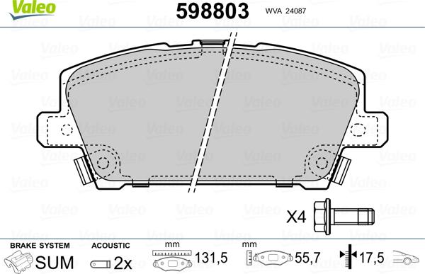 Valeo 598803 - Тормозные колодки, дисковые, комплект autospares.lv