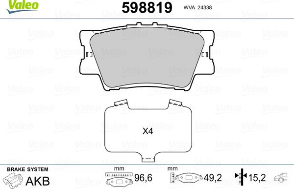 Valeo 598819 - Тормозные колодки, дисковые, комплект autospares.lv