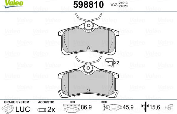 Valeo 598810 - Тормозные колодки, дисковые, комплект autospares.lv